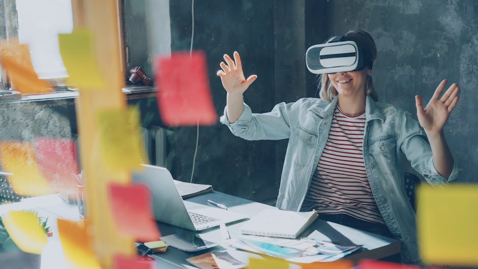 Smiling woman using VR headset in a modern office filled with colorful sticky notes.